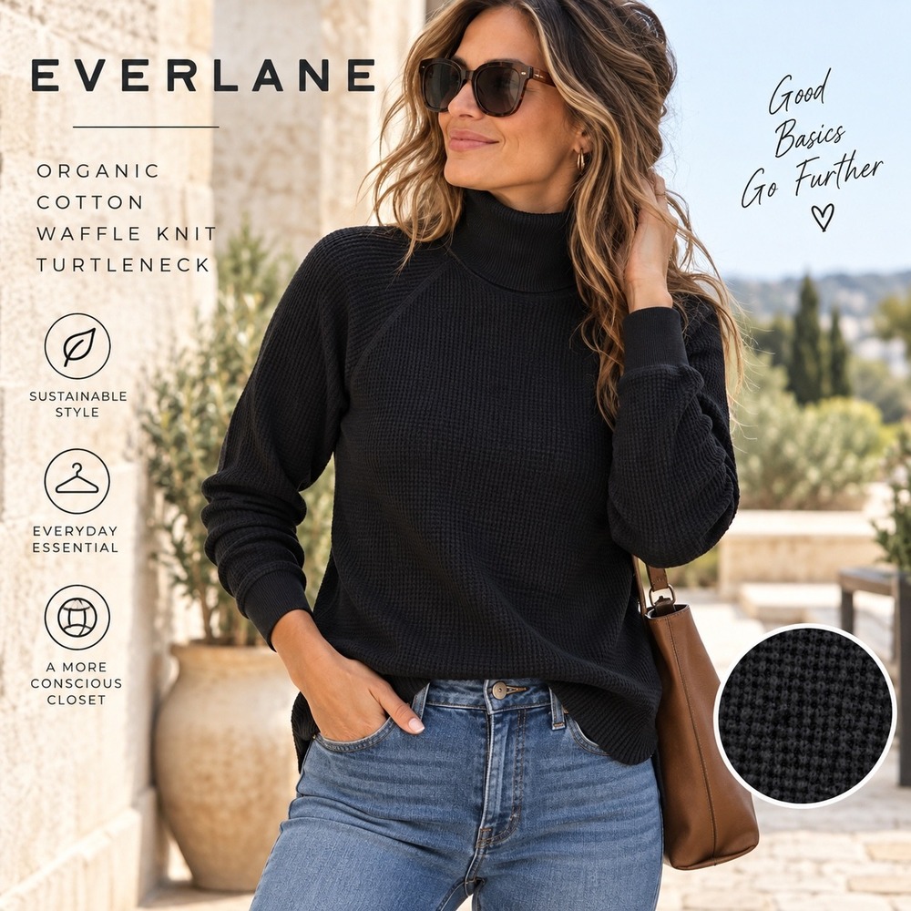Everlane Waffle Knit Turtleneck Women Size S Black Organic Cotton Thermal Top